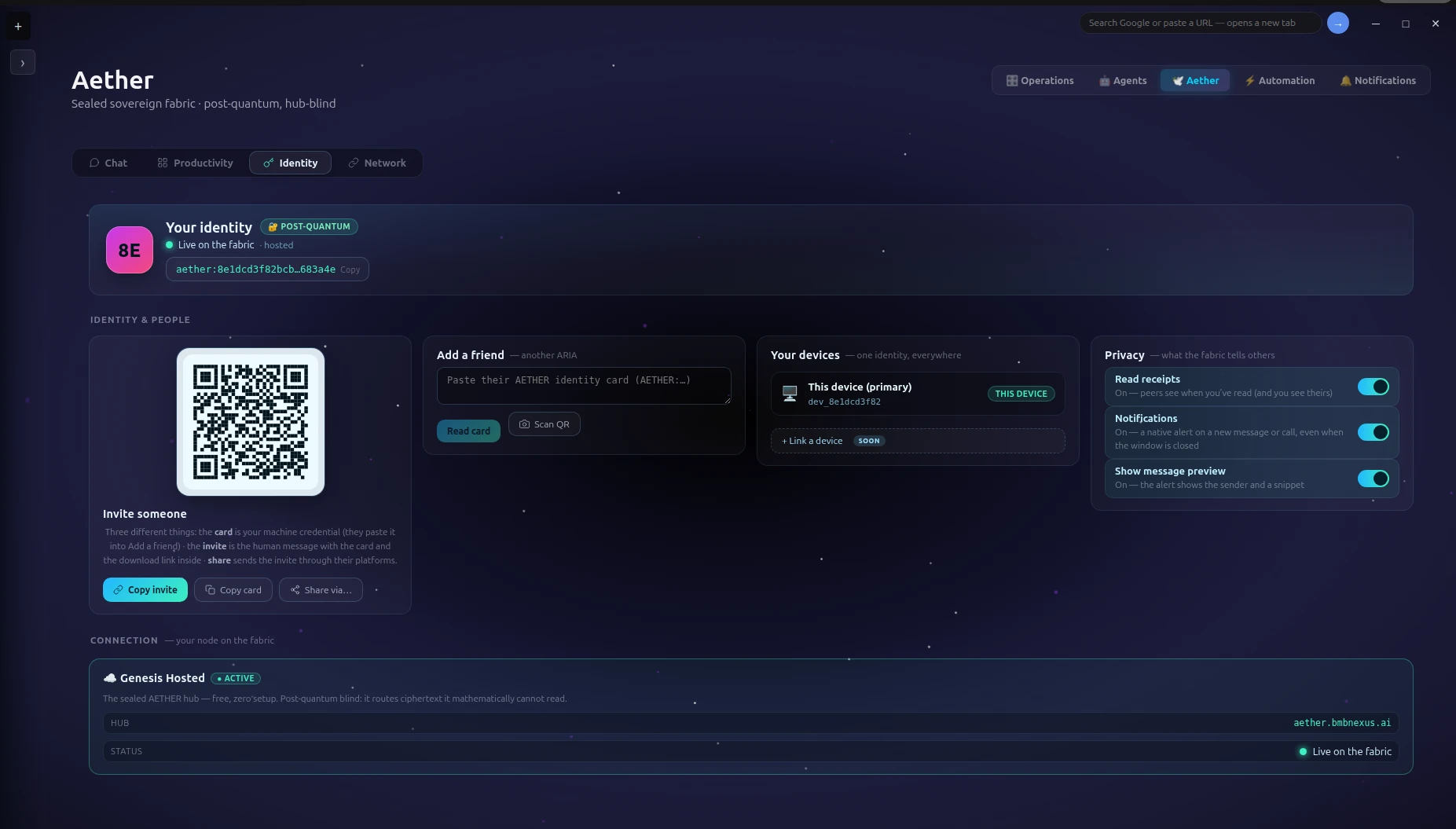 AETHER Identity — your post-quantum keys, devices, and QR invite, all sovereign
