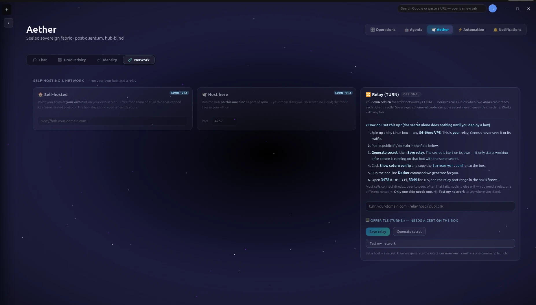 AETHER Network — self-host your own hub or add a sovereign relay